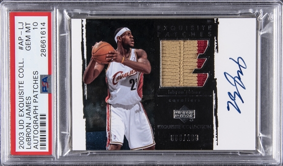 2003-04 UD "Exquisite Collection" Autograph Patches #AP-LJ LeBron James Signed Game Used Patch Rookie Card (#088/100) – PSA GEM MT 10 "1 of 3!"